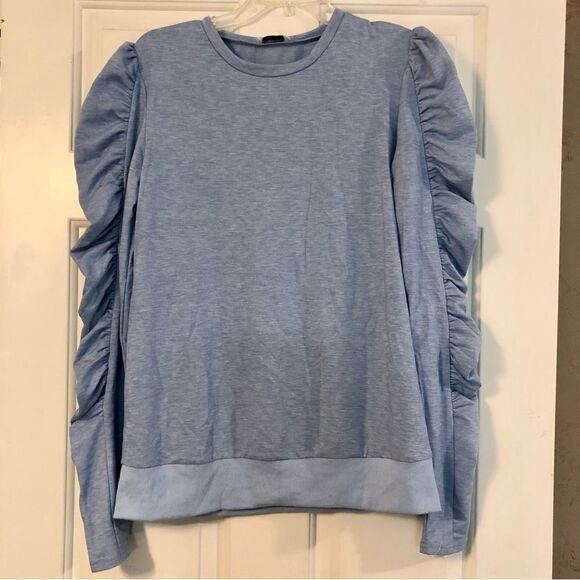 Ruched, Ruffle Long Sleeve Top, Light Blue Size Small - Picture 1 of 10